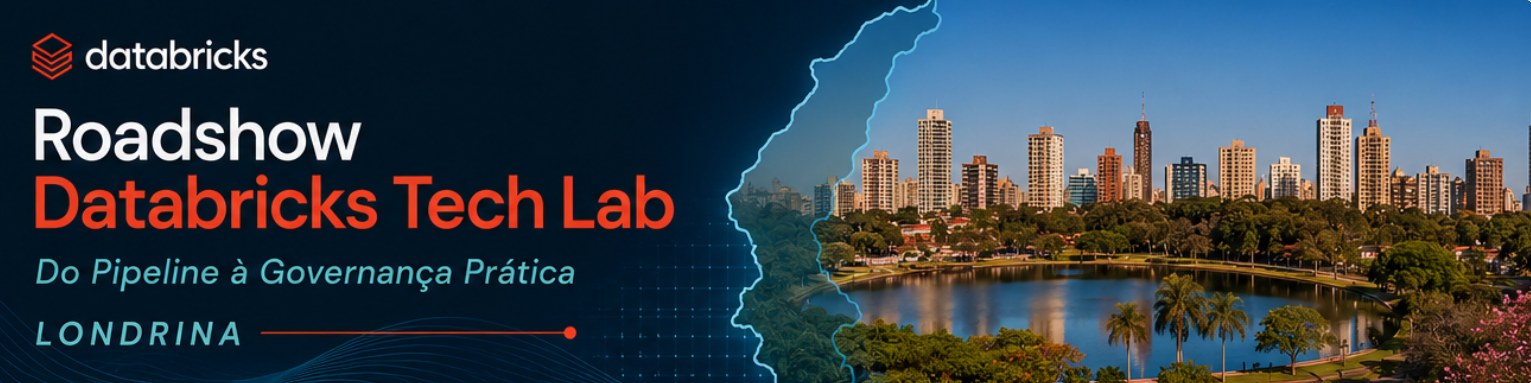 Arte oficial do Roadshow Databricks Tech Lab em Londrina, com o Lago Igapó ao fundo