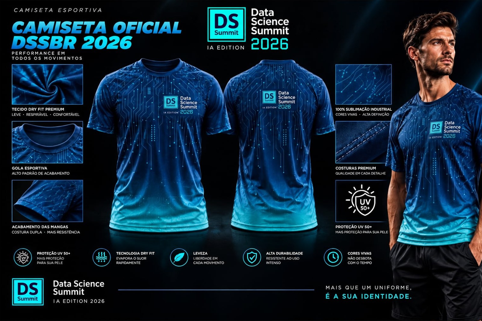 Camiseta oficial DSSBR 2026: dry fit premium, sublimação industrial e proteção UV 50+